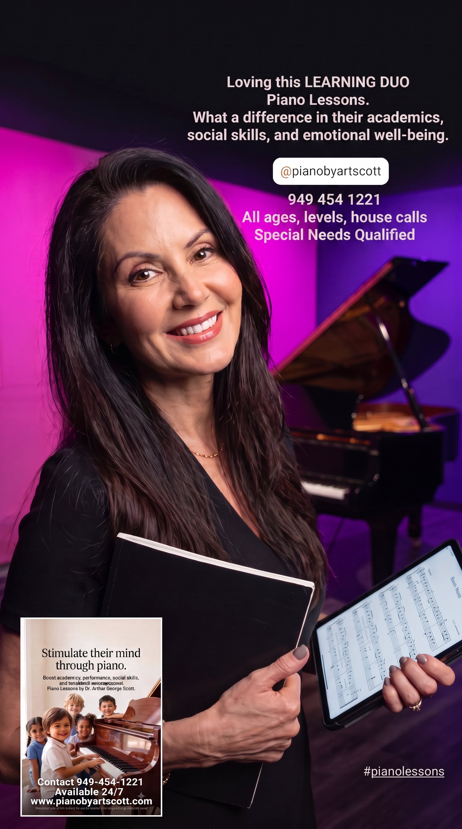 Learning Duo Piano Lessons — all ages, levels, house calls, Special Needs Qualified — 949 454 1221