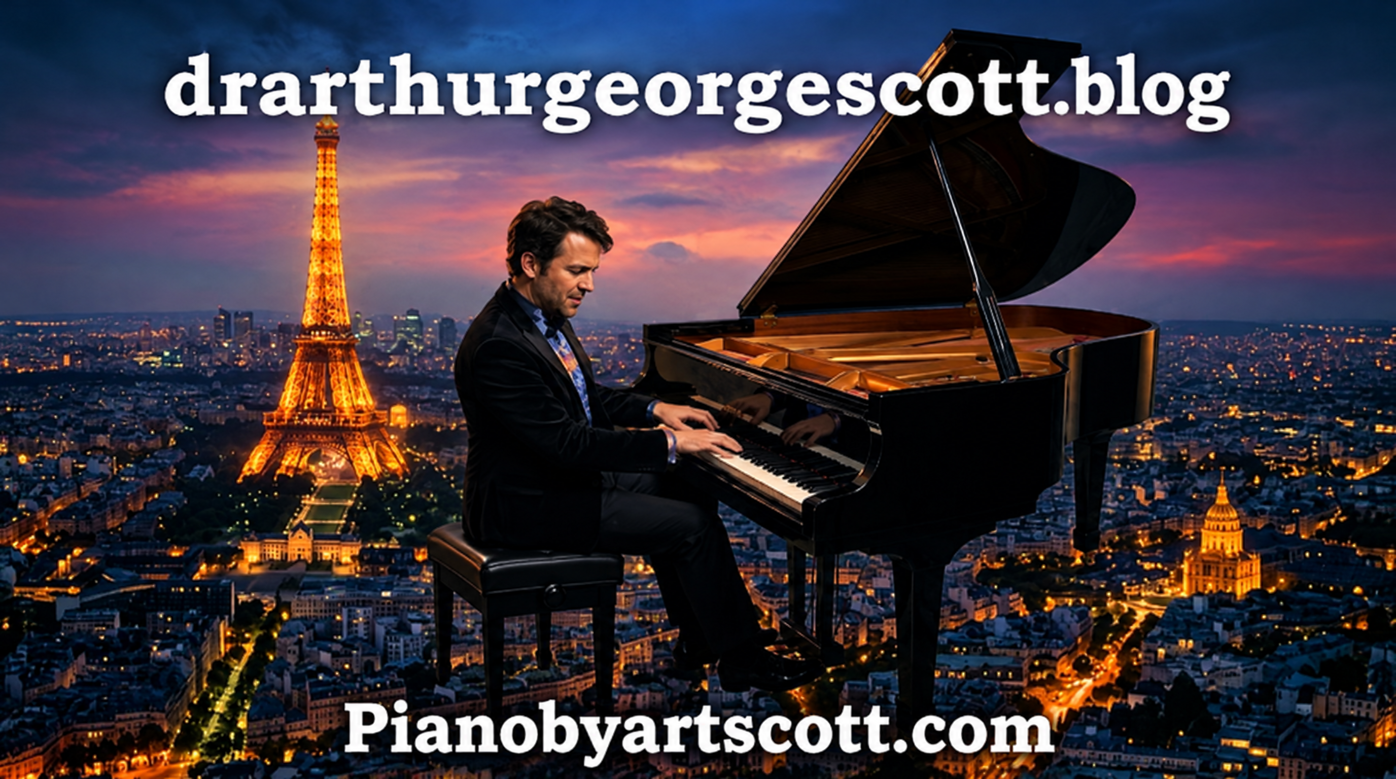 Dr. Arthur George Scott performing at grand piano with Paris skyline